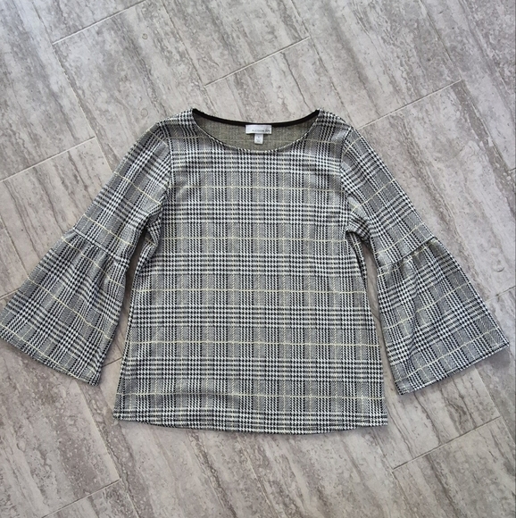 Allison Joy Monochrome Checkered Bell Sleeve Blouse - Picture 1 of 6